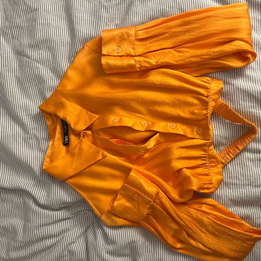 Zara Long Sleeve Orange Button Up Crop Top